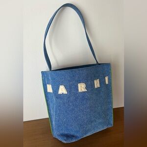 Marni Small Museo Denim Logo Tote with White Letters and Green Trim